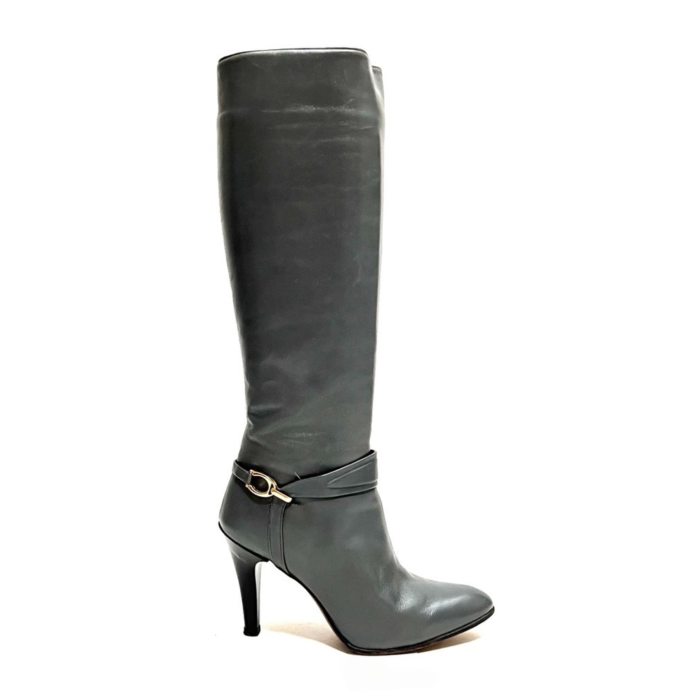 Vintage 1970s slate gray vegan leather zip up knee high stiletto fashion boots